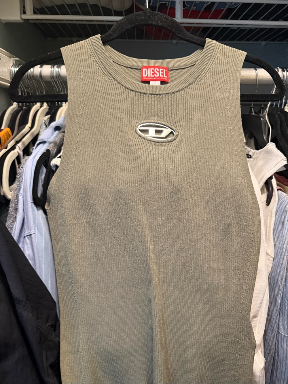 Diesel Olive Green Ribbed Crewneck Sleeveless Sweater Tank